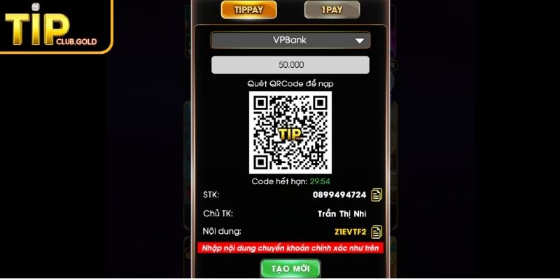 Nạp Tiền TIPCLUB - Hướng Dẫn Đầy Đủ Cho Người Chơi 2 Xác thực thông tin giao dịch
